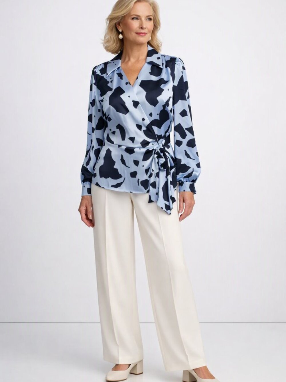 Alfani Long Sleeve Blue Artsy Patterned Wrap Top Blouse Size M